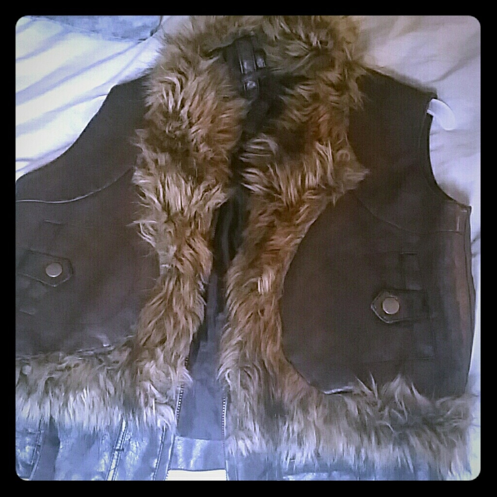 Brown fur and leather vest