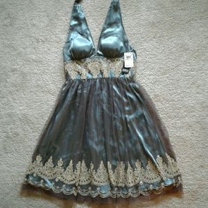 Beautiful Emerald Green Halter Dress  Gold Beading