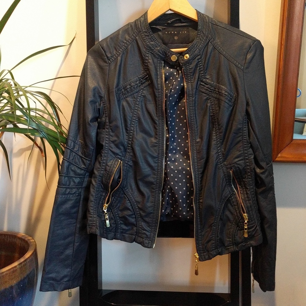 Faux leather dark navy moto jacket bought in Italy