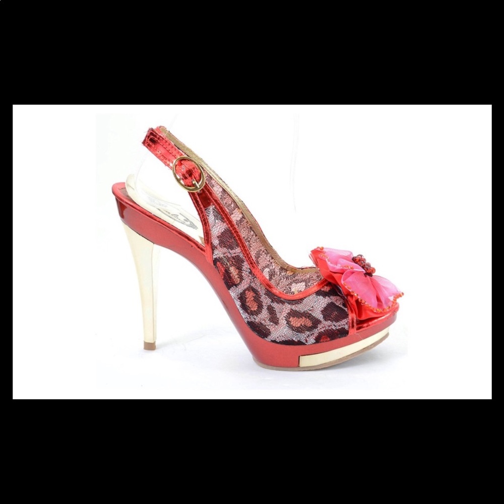 Red Leopard Stiletto Platform Heels, Size 8