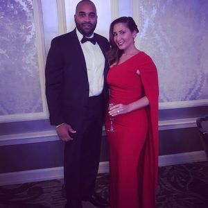 Jill Jill Stuart red one shoulder cape gown dress