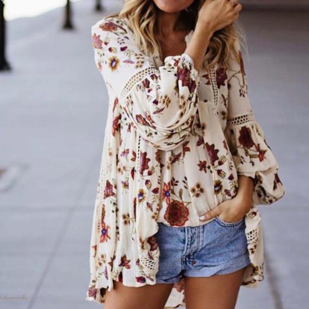 Free People floral crochet tunic dress long sleeve - Picture 2 of 8