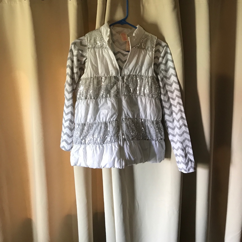 White sequin vest with gray/white chevron shirt