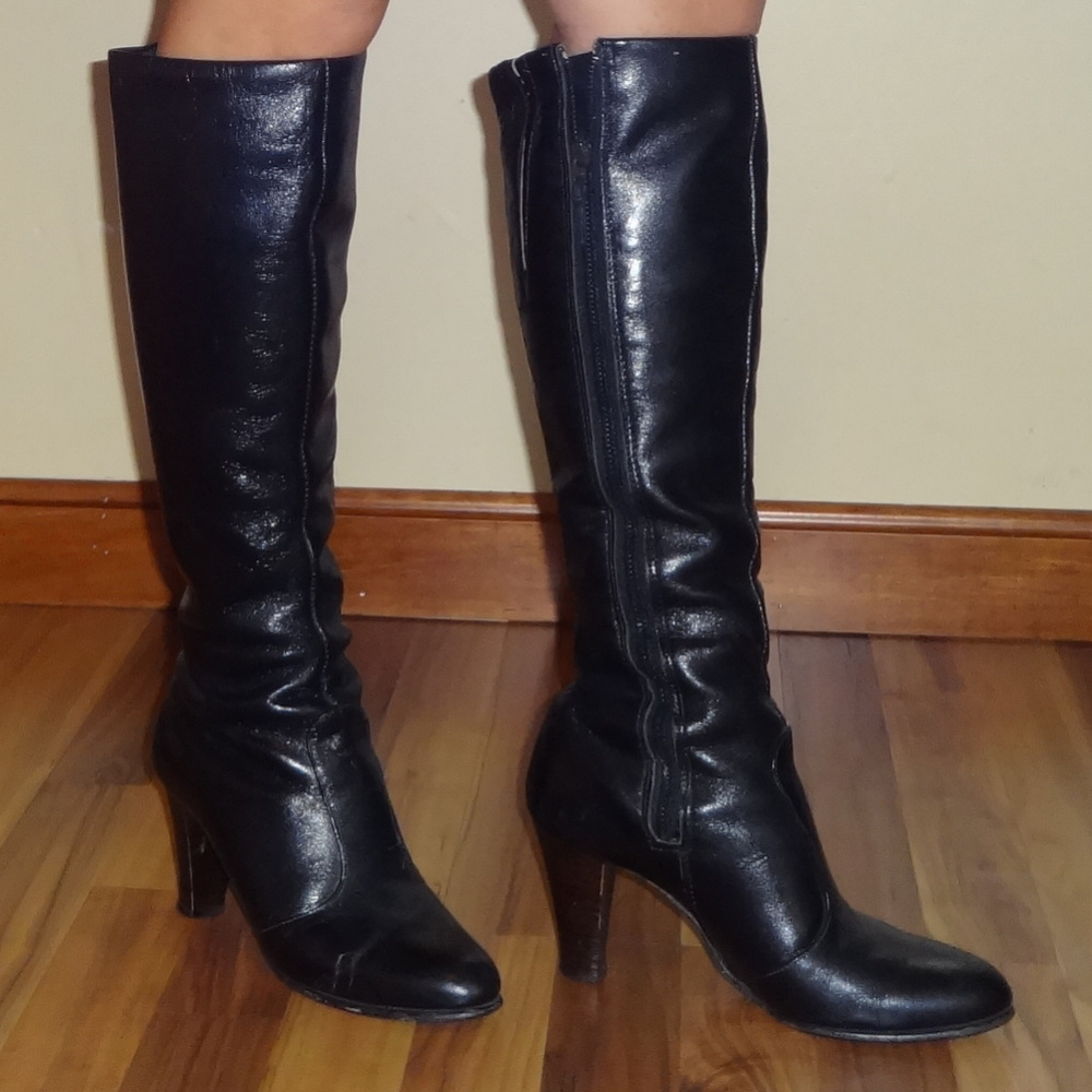 Black, Knee-High Real Leather Boots, Size 5.5