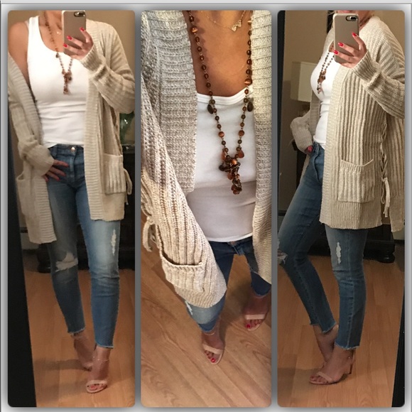 New🍁Oatmeal lace up pocket cardi - Picture 2 of 6