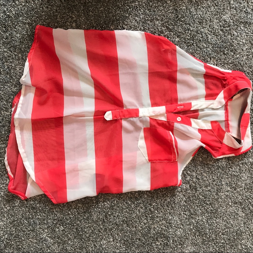 Orange and white sheer sleeveless blouse