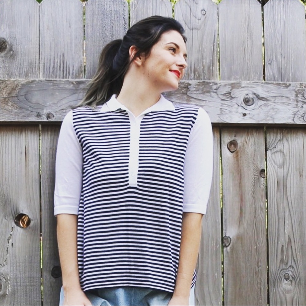 ALLUDE Striped and collared quarter length sleeve