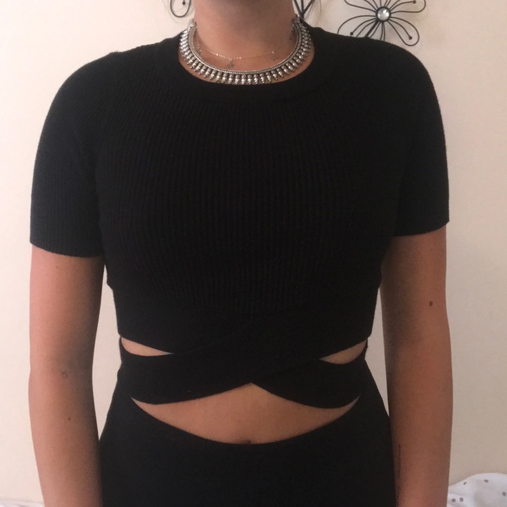 Black ripped crop top with crisscross strap