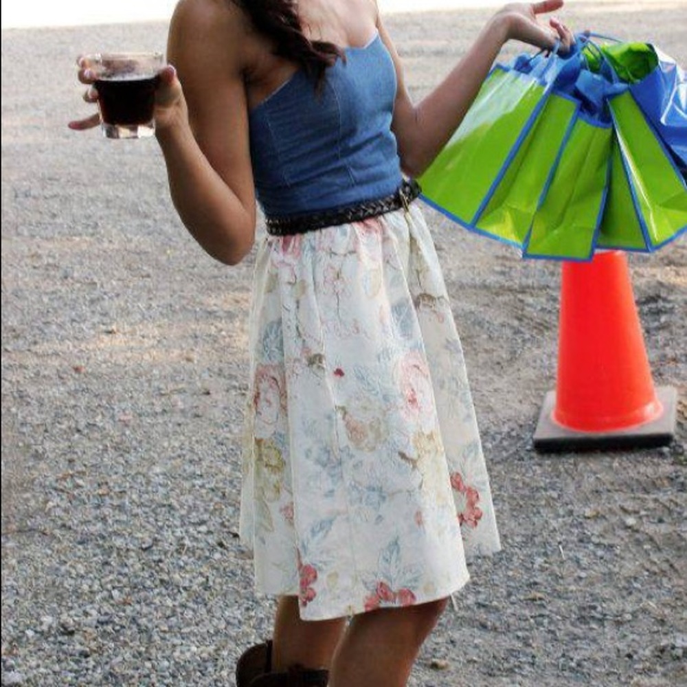 Custom Made Denim/Floral Strapless Dress - Size 2