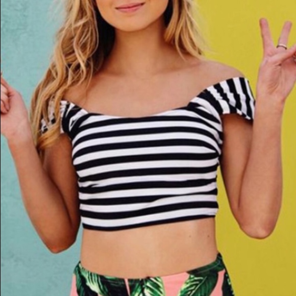 Striped off the shoulder swim top