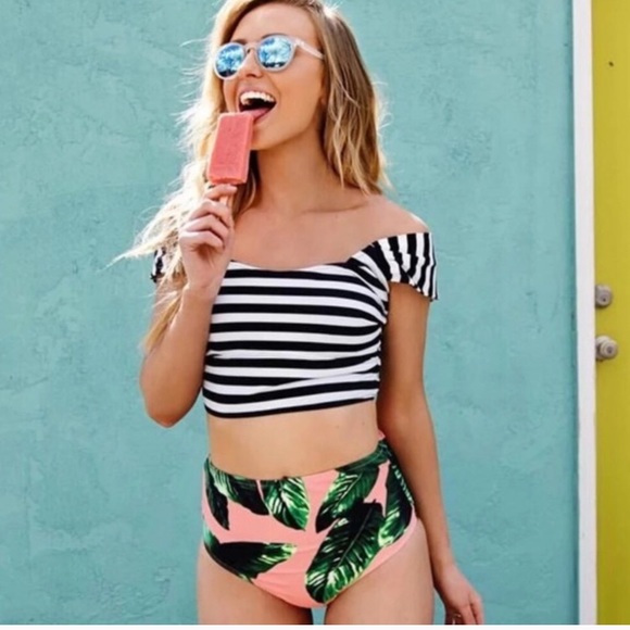 Striped off the shoulder swim top - Picture 3 of 5