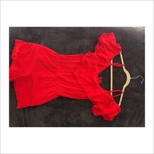 Socialite Coral Red XS Ruffly Off Shoulder Romper