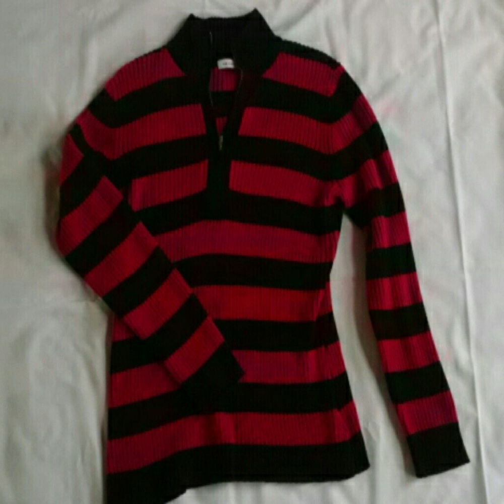 Black/red striped sweater. Great for fall football