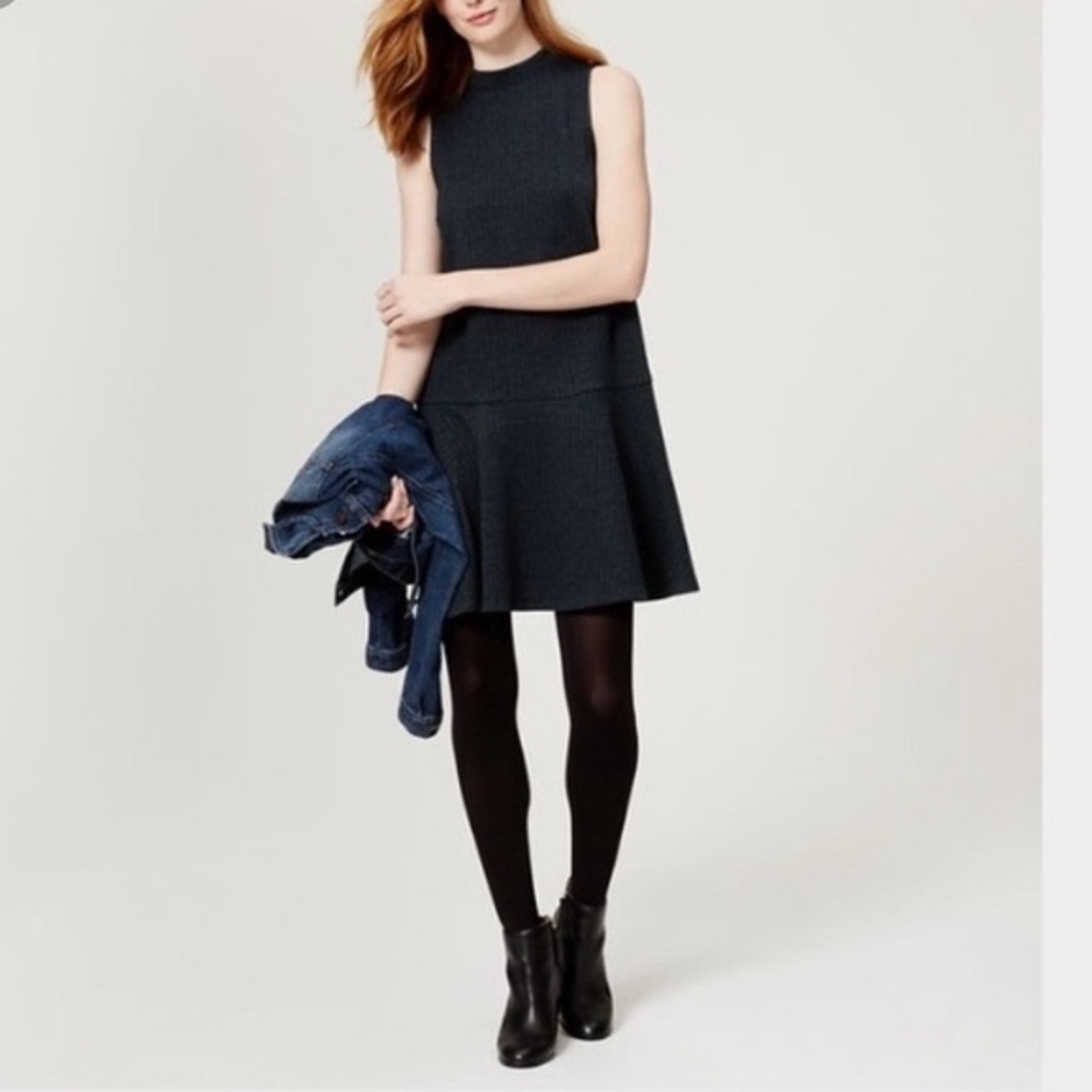 Loft Navy pinstriped knit flare dress.