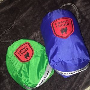 Blue grand trunk hammock with green straps