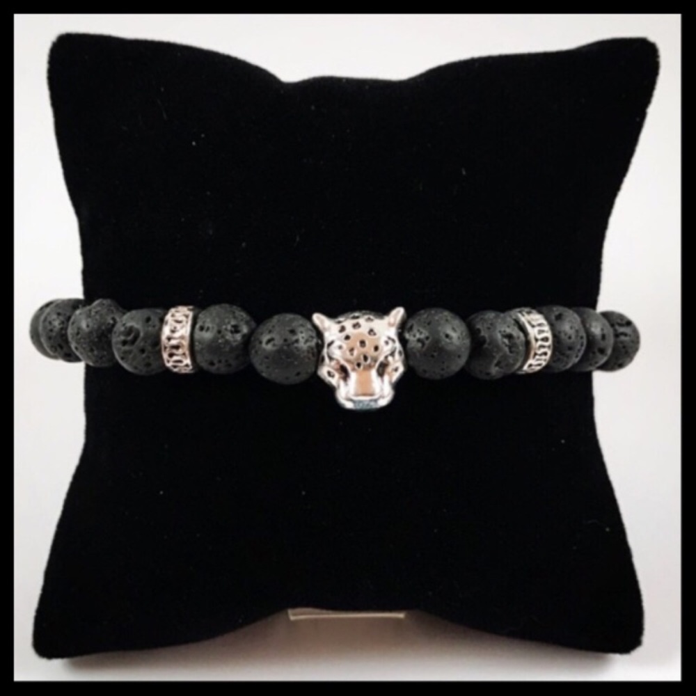 Men or women lava rock & silver panther bracelet