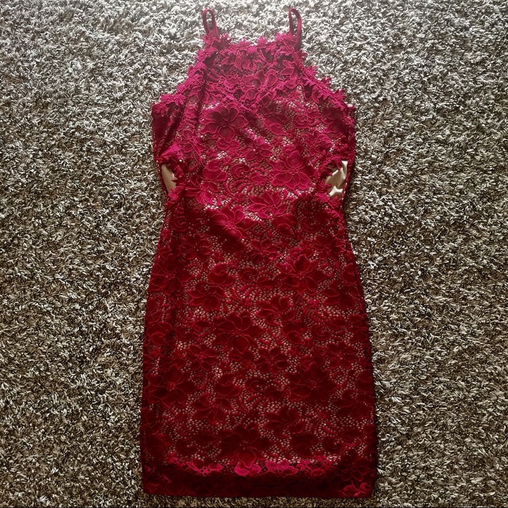 Red lace dress open back