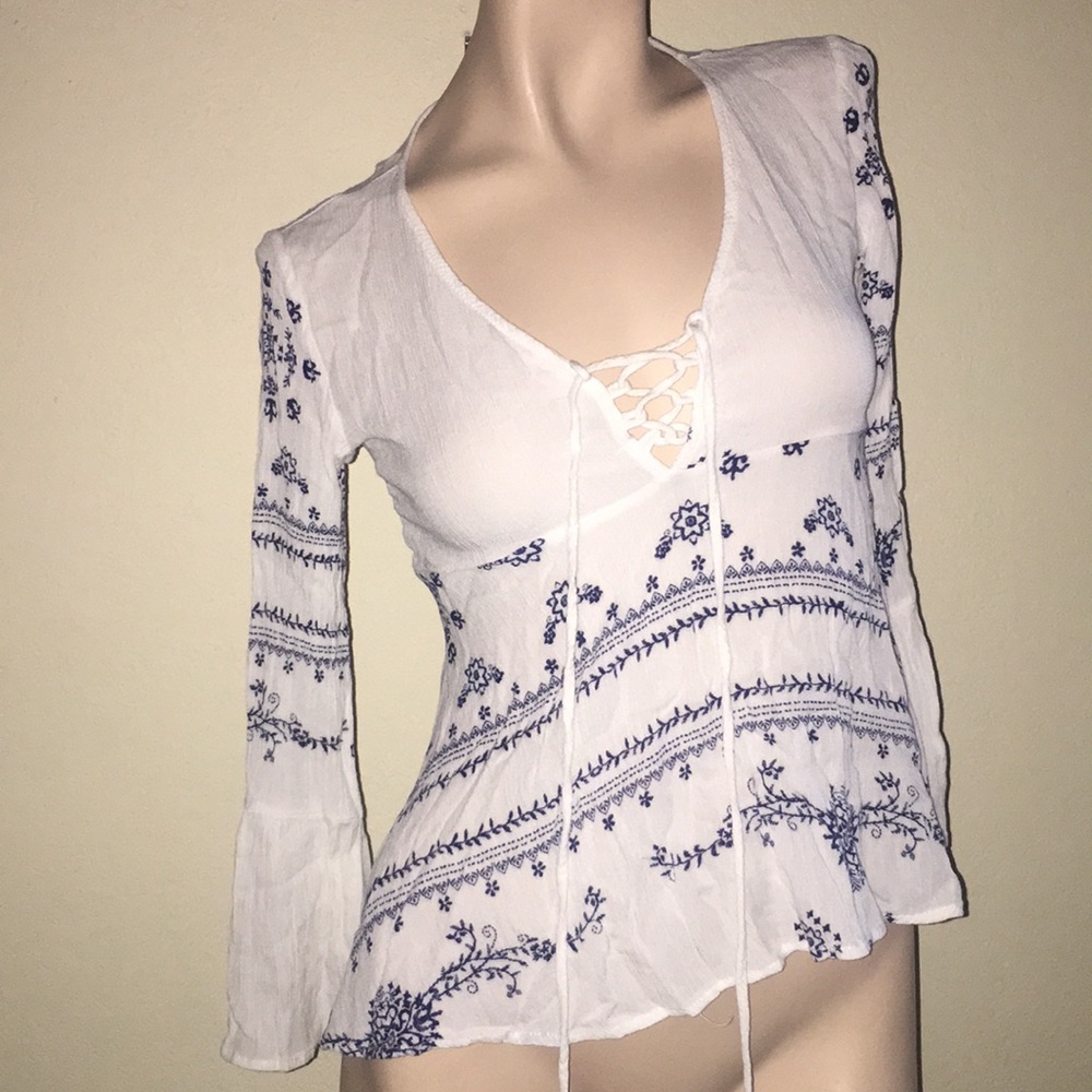 White and Navy Peasant Top with Bell Sleeves