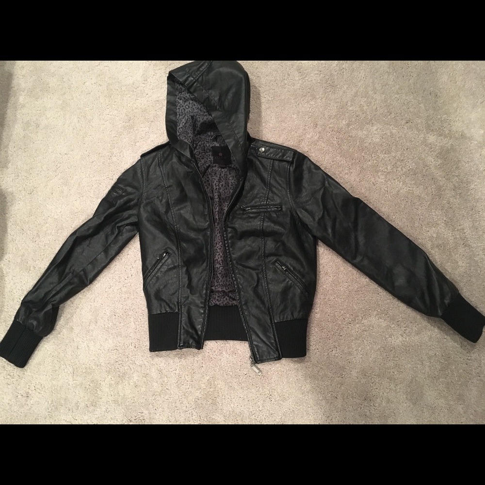 Hooded Faux Leather Jacket with Leopard Lining