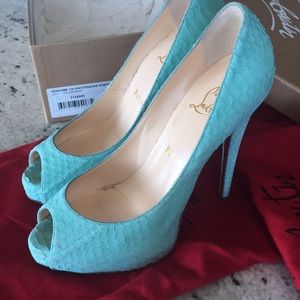 Christian Louboutin Peep Toe Pumps Aqua Watersnake