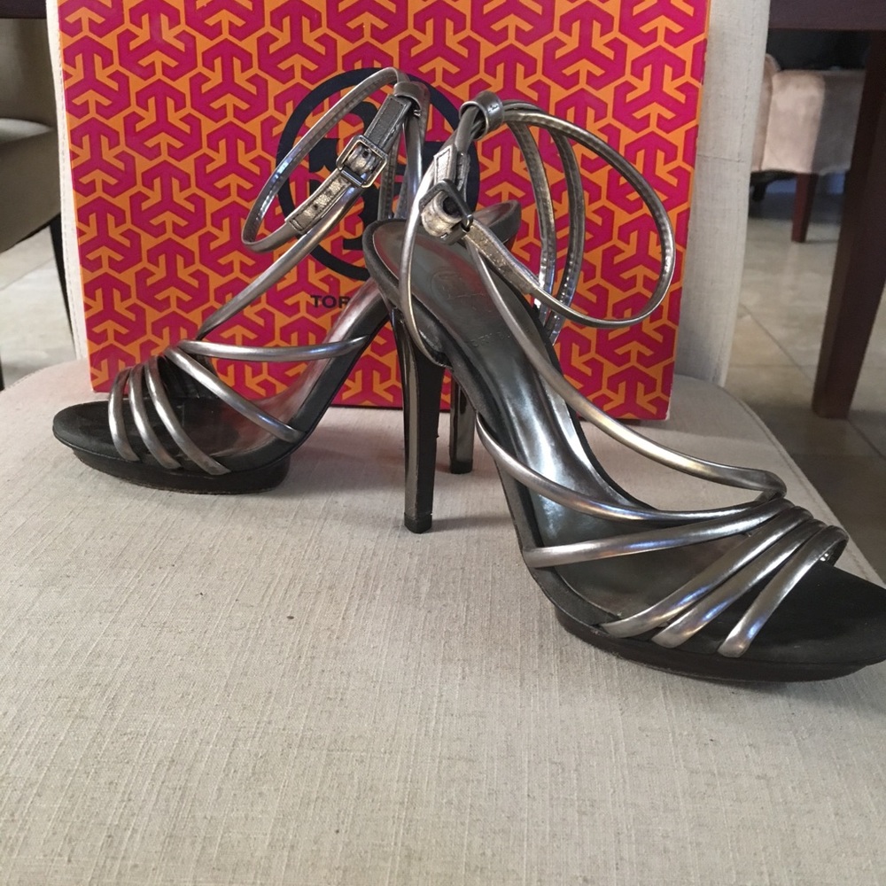 Metallic silver strappy , ankle strap sandals ,
