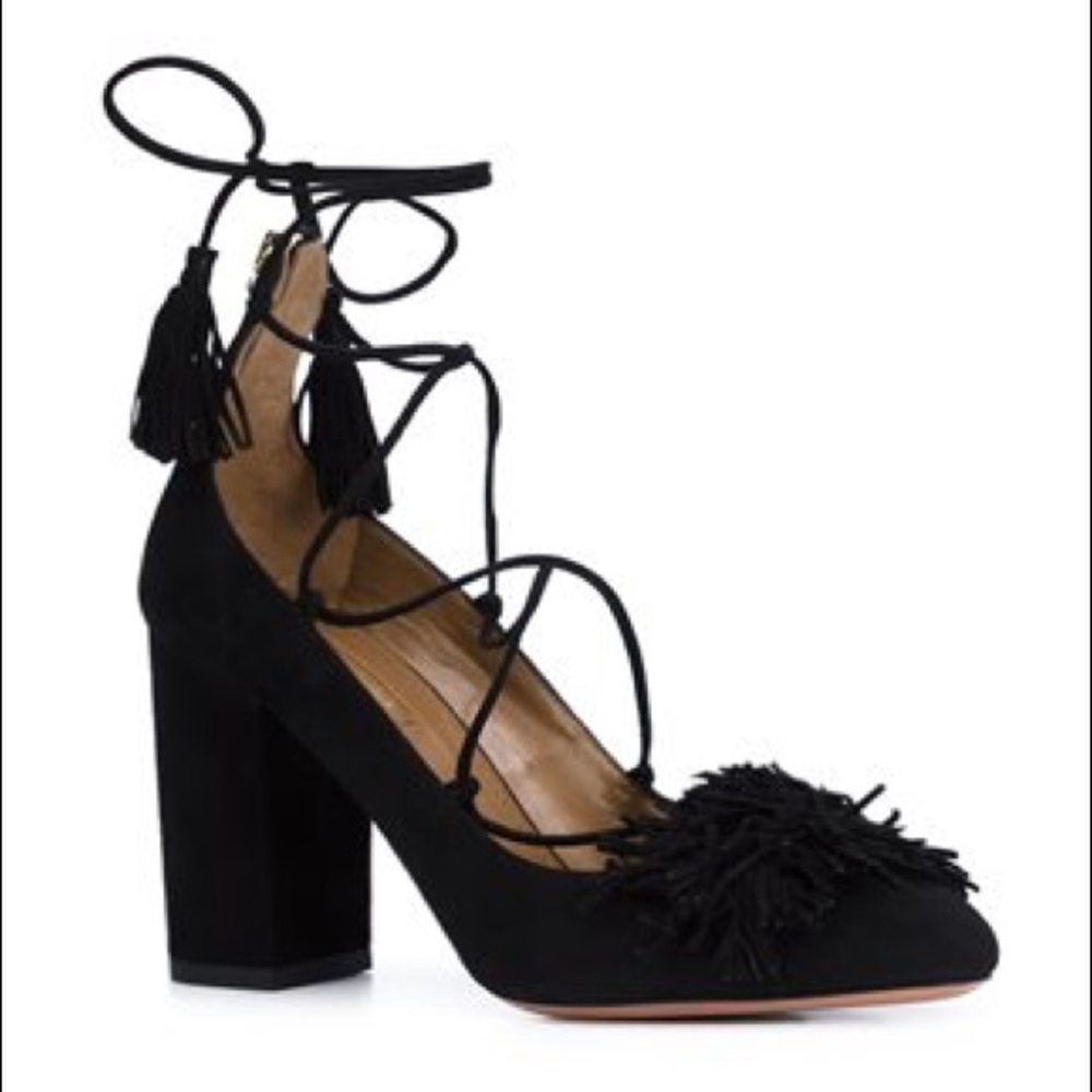 Aquazzura Wild Thing Fringe Block-Heel Pump, Black