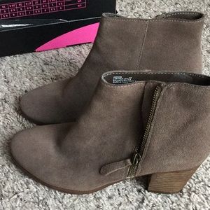 Camel suede booties.