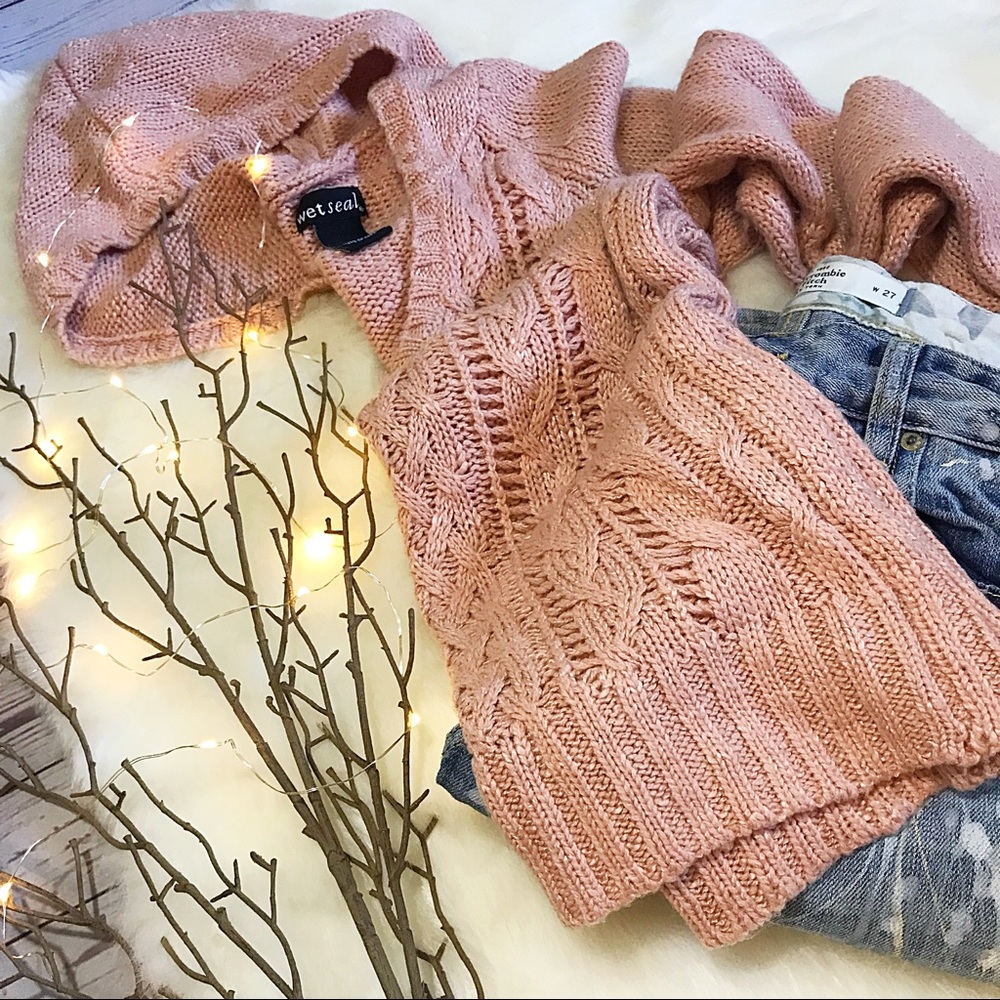 Wet Seal | Dusty Rose Knit Hooded Pullover Sweater