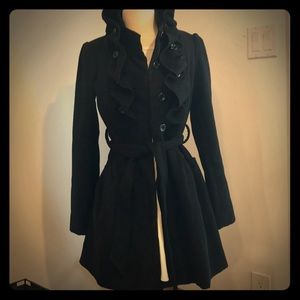 Ruffled Black Pea Coat with Tie Belt
