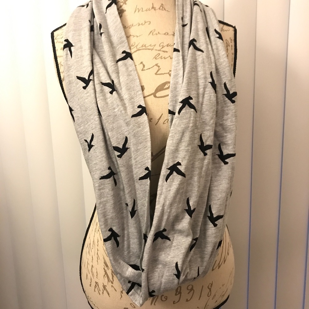 Grey & Black Infinity Scarf Bird Print