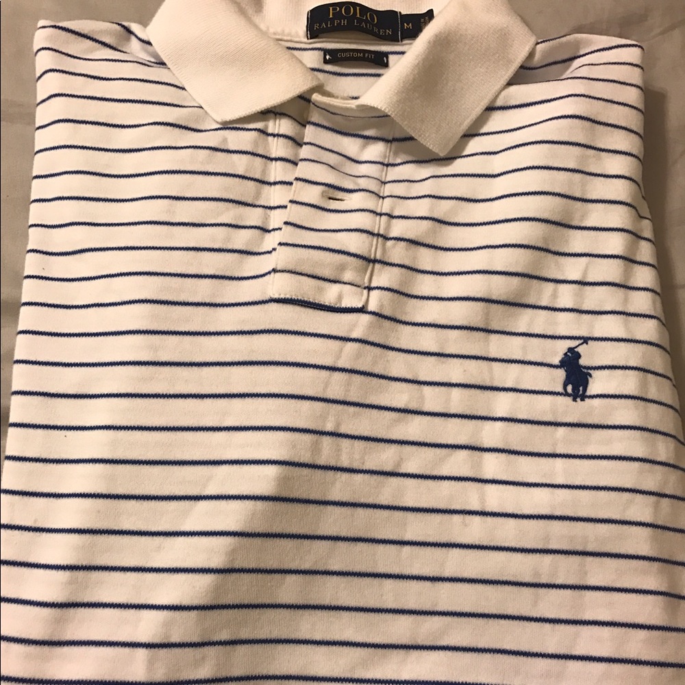 Men's white and cobalt blue striped polo shirt