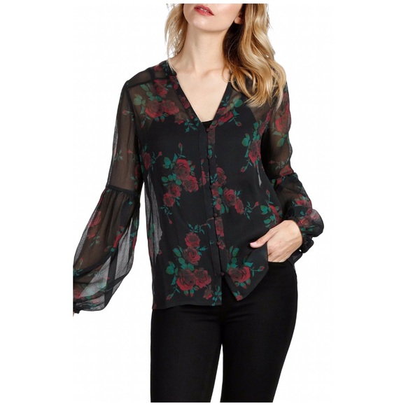 PAIGE Tops - PAIGE Romantic Sheer Silk Blouse in Black Print