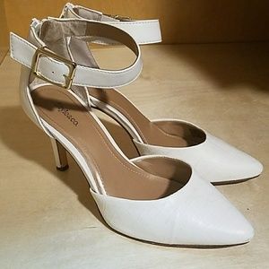 White ankle strap heels zipper back