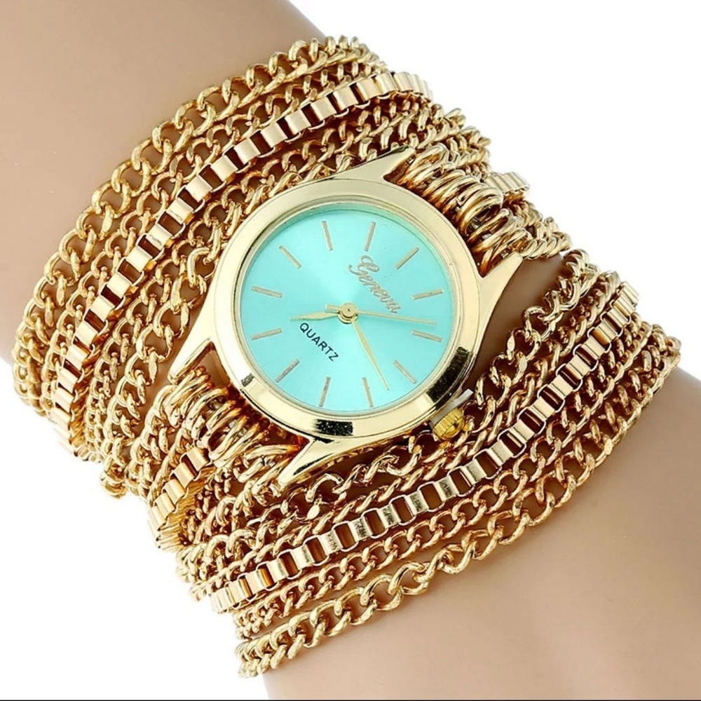 Turquoise Face Gold Chain Watch