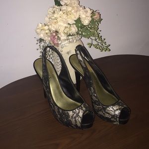 Black lace peep toe heels
