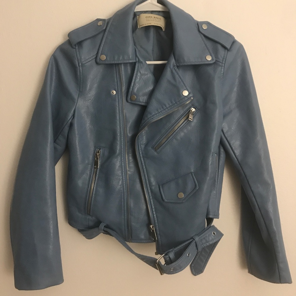 Blue Zara feaux leather powder blue jacket
