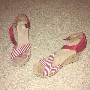 Red/white striped TOMS wedges