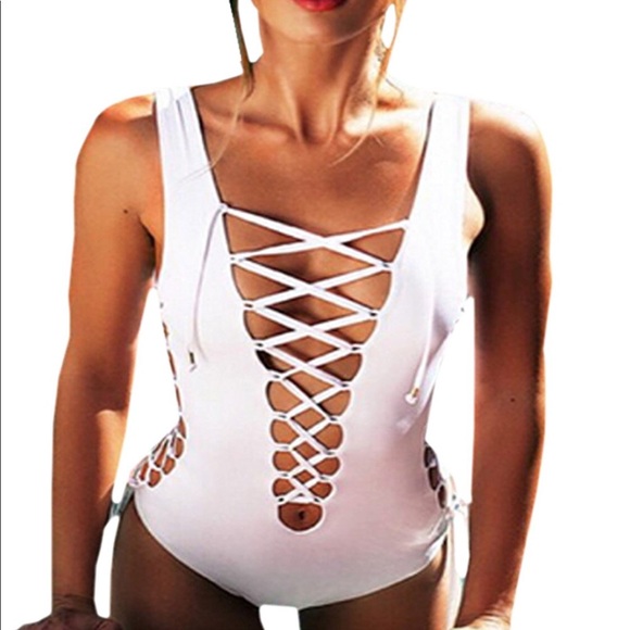 New Medium white lace up one piece bathing suit - Picture 2 of 5