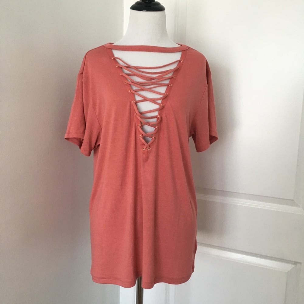 SOLD. NWT Express Lace Up Choker Tee - Picture 1 of 3