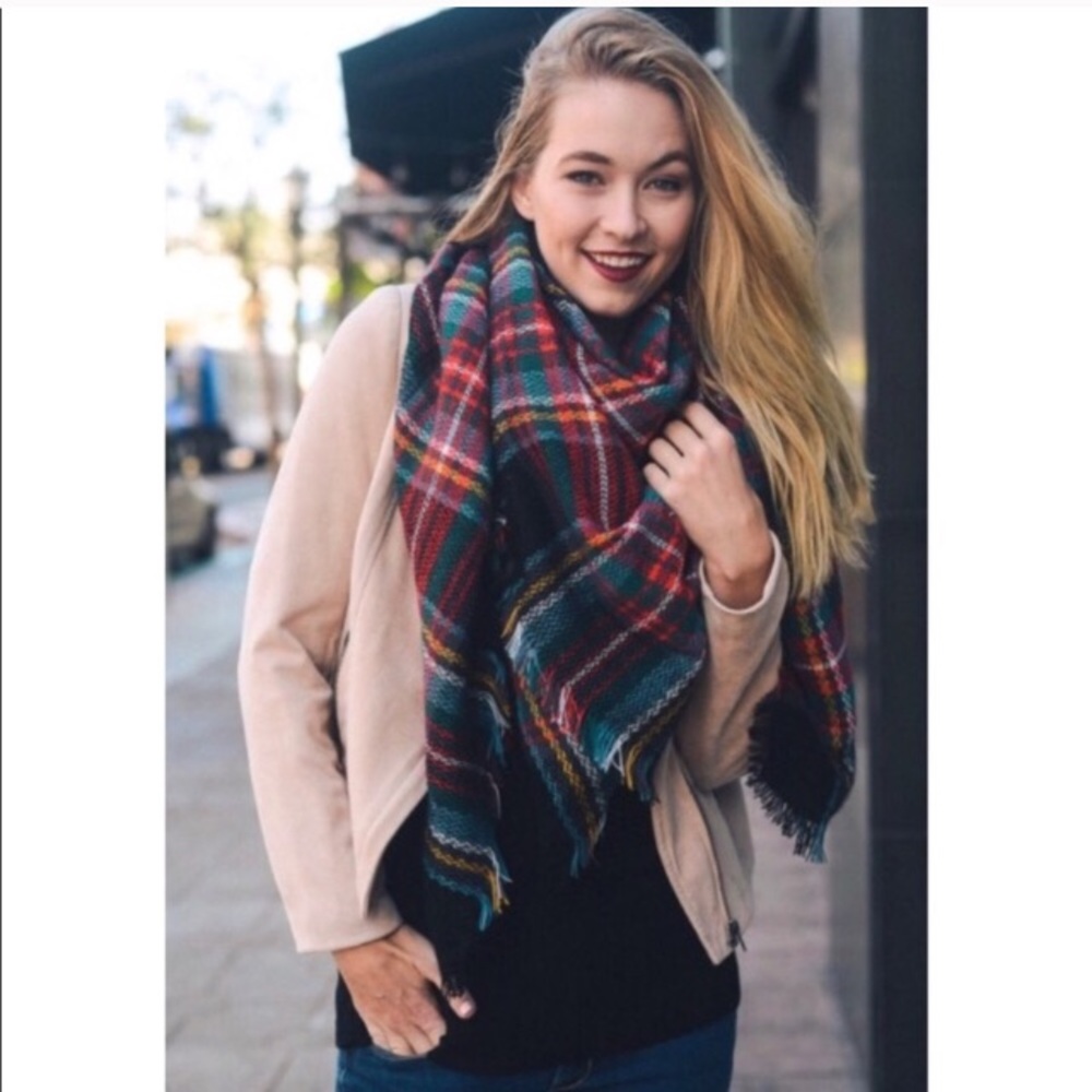 Plaid Blanket Wrap Scarf in black, green, and red