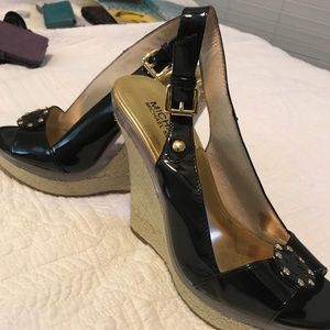 Black patent Michael Kors sling back wedges