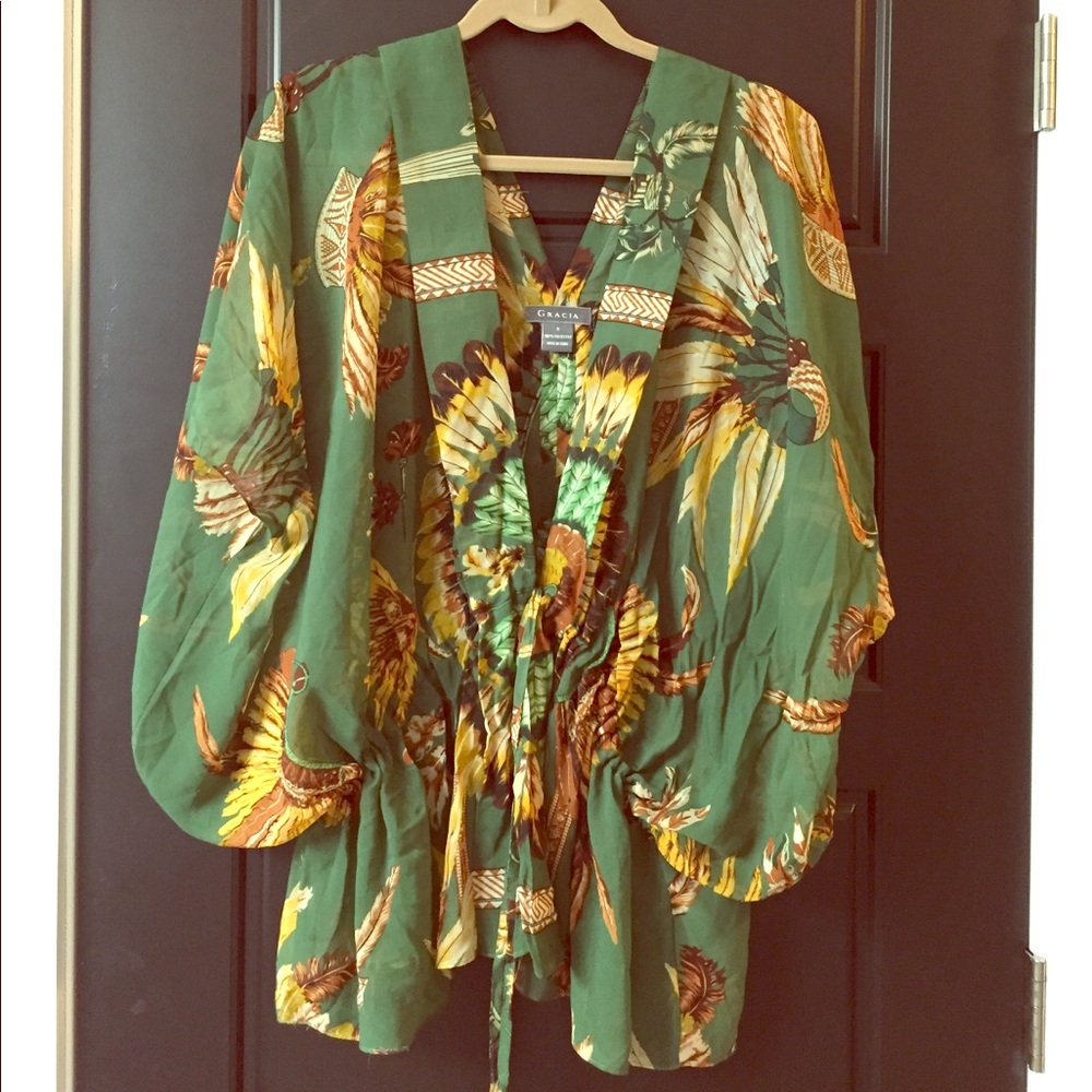 Sheer Kimonowith feather/Native American print