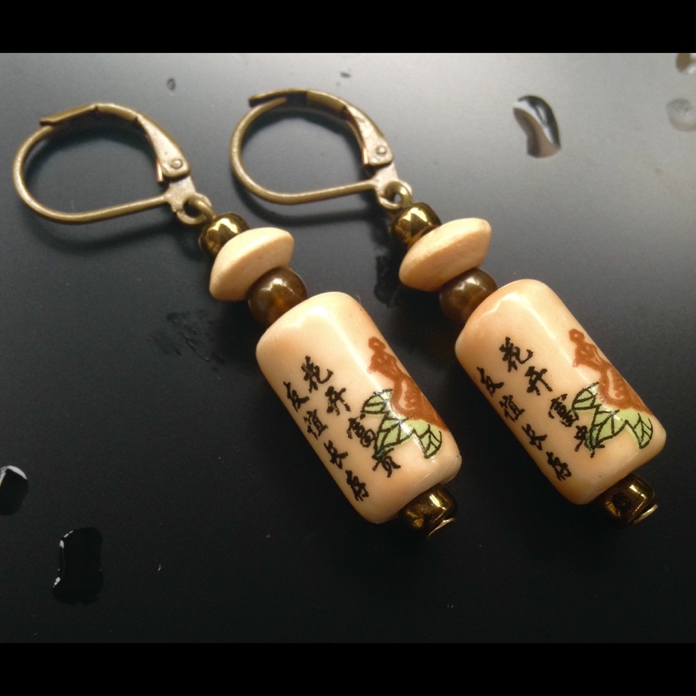 NEW Ceramic CHINESE STYLE & Bronze Beads Earrings