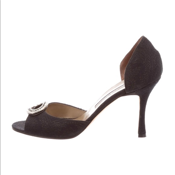 Black woven Manolo Blahnik peep-toe pumps
