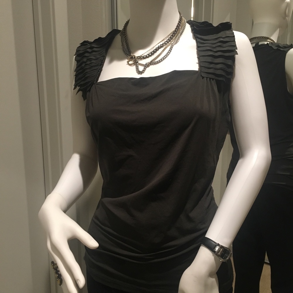 Hugo Boss slate-colored top with ruffle.