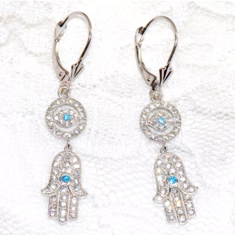 14k pure white gold hamsa evil eye dangle earrings