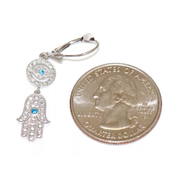 14k pure white gold hamsa evil eye dangle earrings - Picture 2 of 4