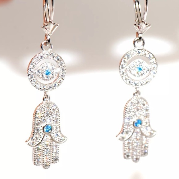 14k pure white gold hamsa evil eye dangle earrings - Picture 3 of 4