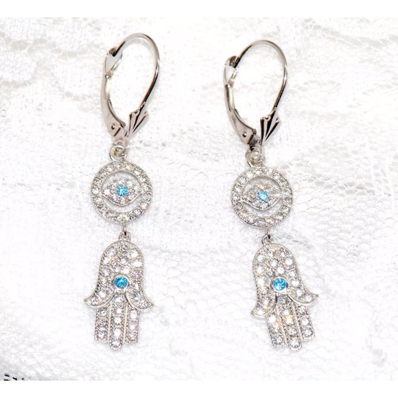 14k pure white gold hamsa evil eye dangle earrings - Picture 4 of 4
