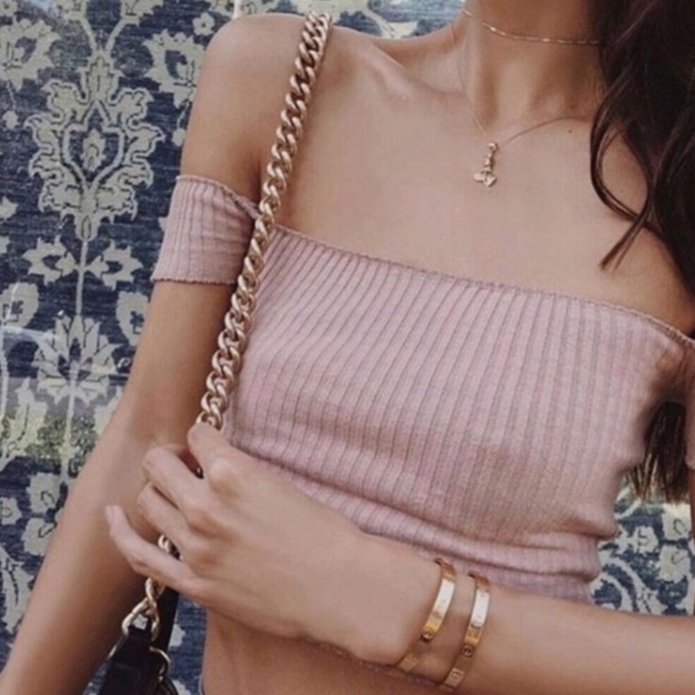 pink off the shoulder ribbed top
